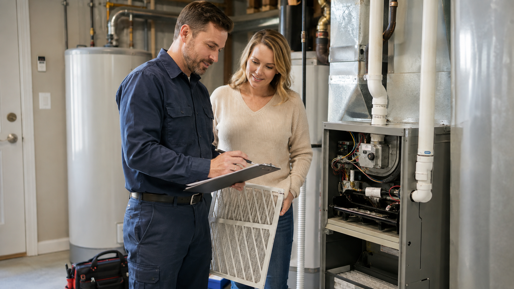 HVAC technician reviewing a home HVAC maintenance checklist with an Illinois homeowner beside a residential furnace.