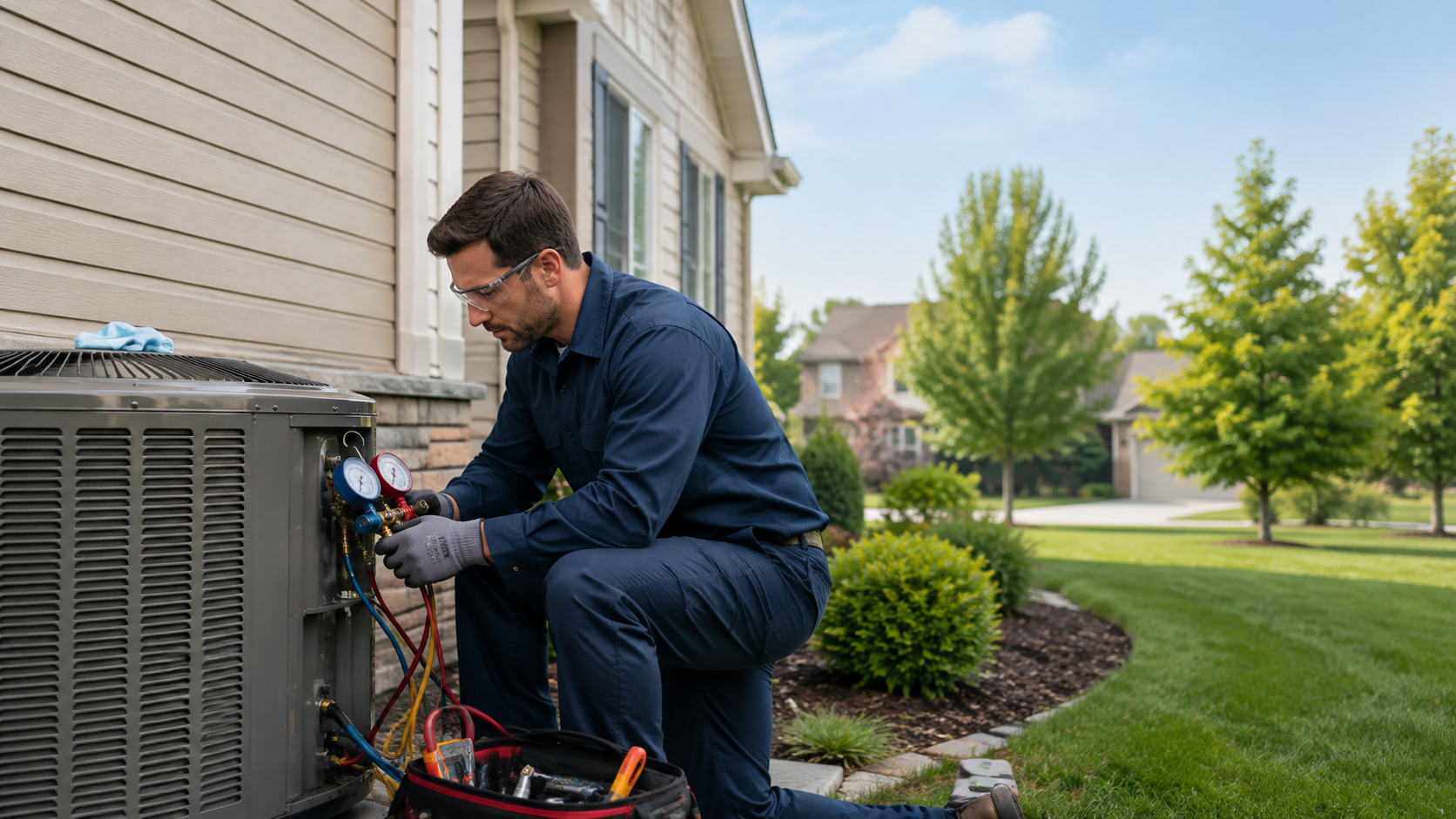 Blue Collar Mechanical HVAC technician performing seasonal maintenance on an outdoor air conditioning unit at a suburban Illinois home.