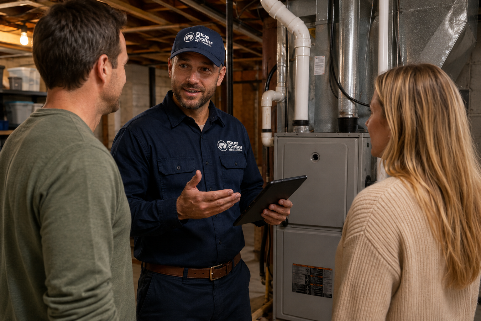 blue collar technician on a house call in park ridge IL preparing a couple's Furnace for Winter: and giving the a run through the Blue Collar Mechanical Illinois Checklist