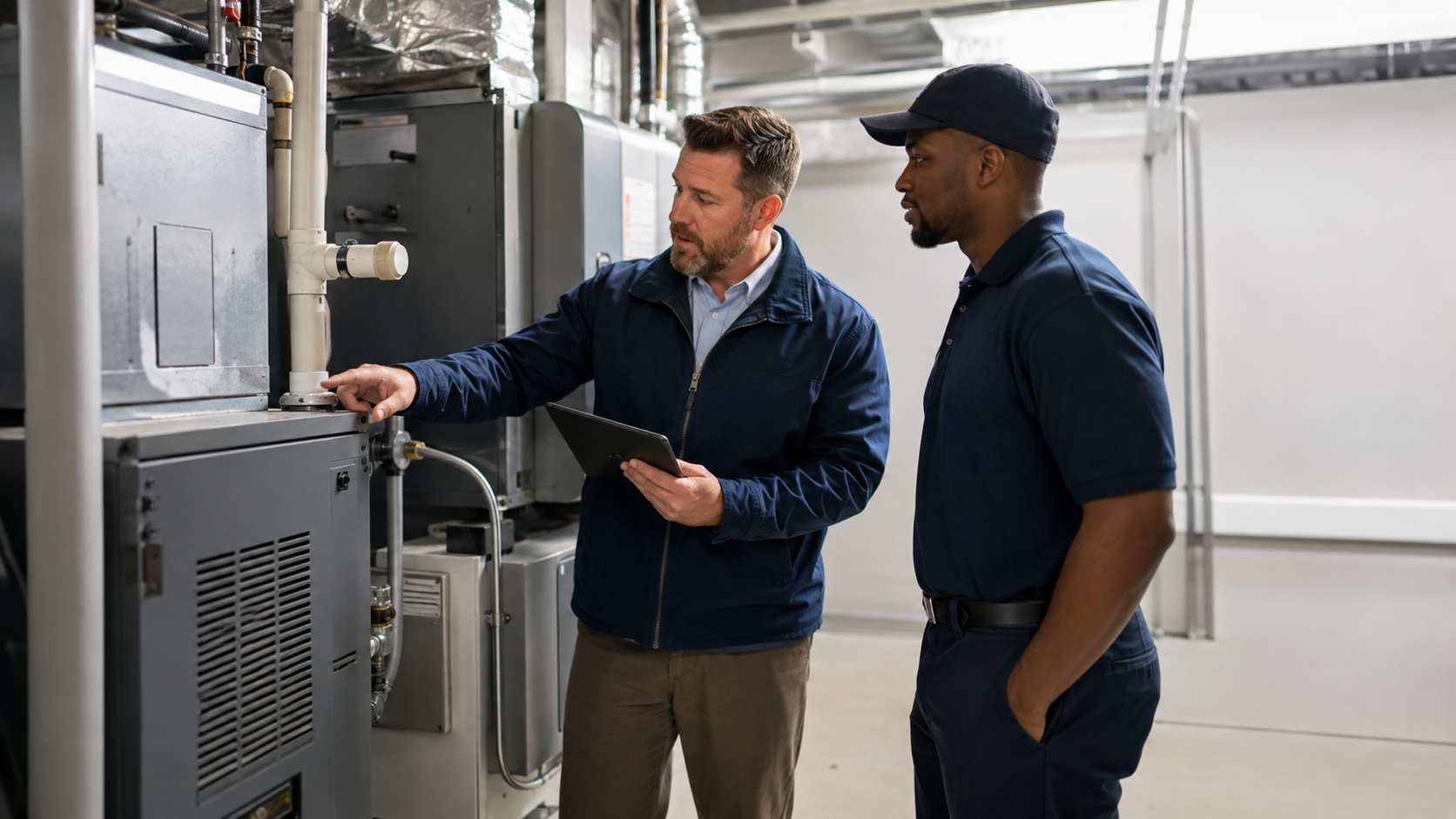 Property manager and HVAC technician reviewing commercial heating and cooling equipment as part of a property management HVAC maintenance program.