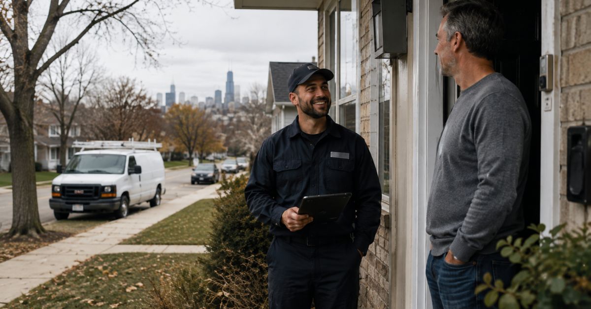 HVAC technician greeting a homeowner with a handshake on a sunny front porch in a suburban neighborhood.