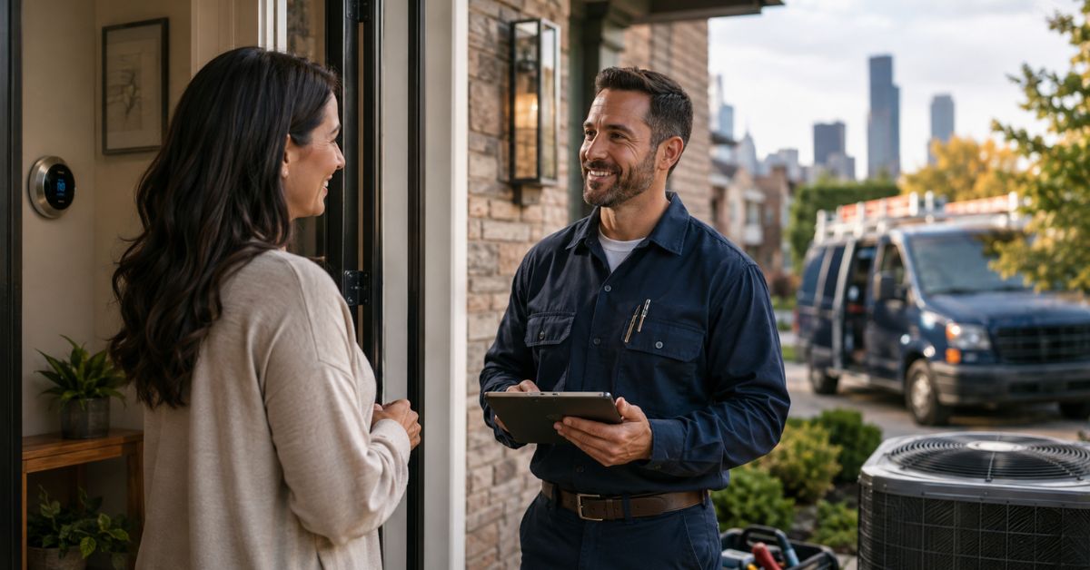 HVAC contractor talking to a homeowner in the chicagoloand area about the services she needs
