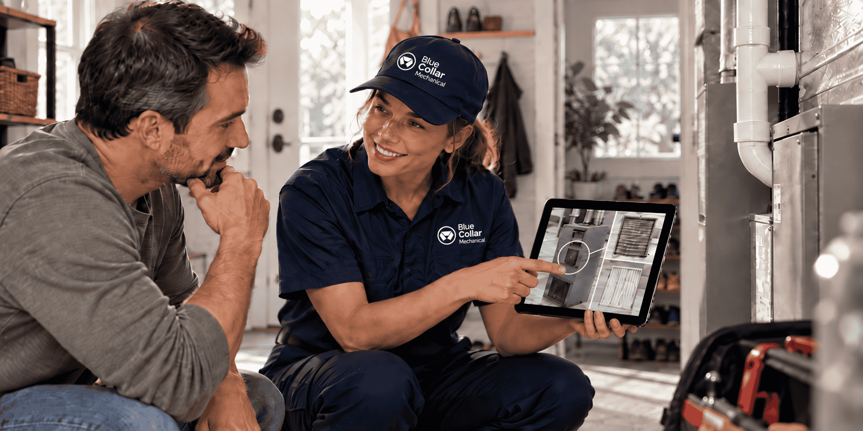 HVAC repair technician explaining a home heating and cooling system