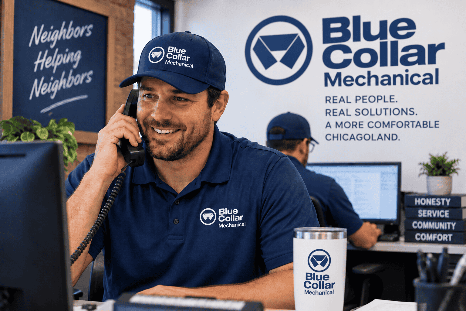 Blue Collar Mechanical team ready to answer the phone for HVAC service