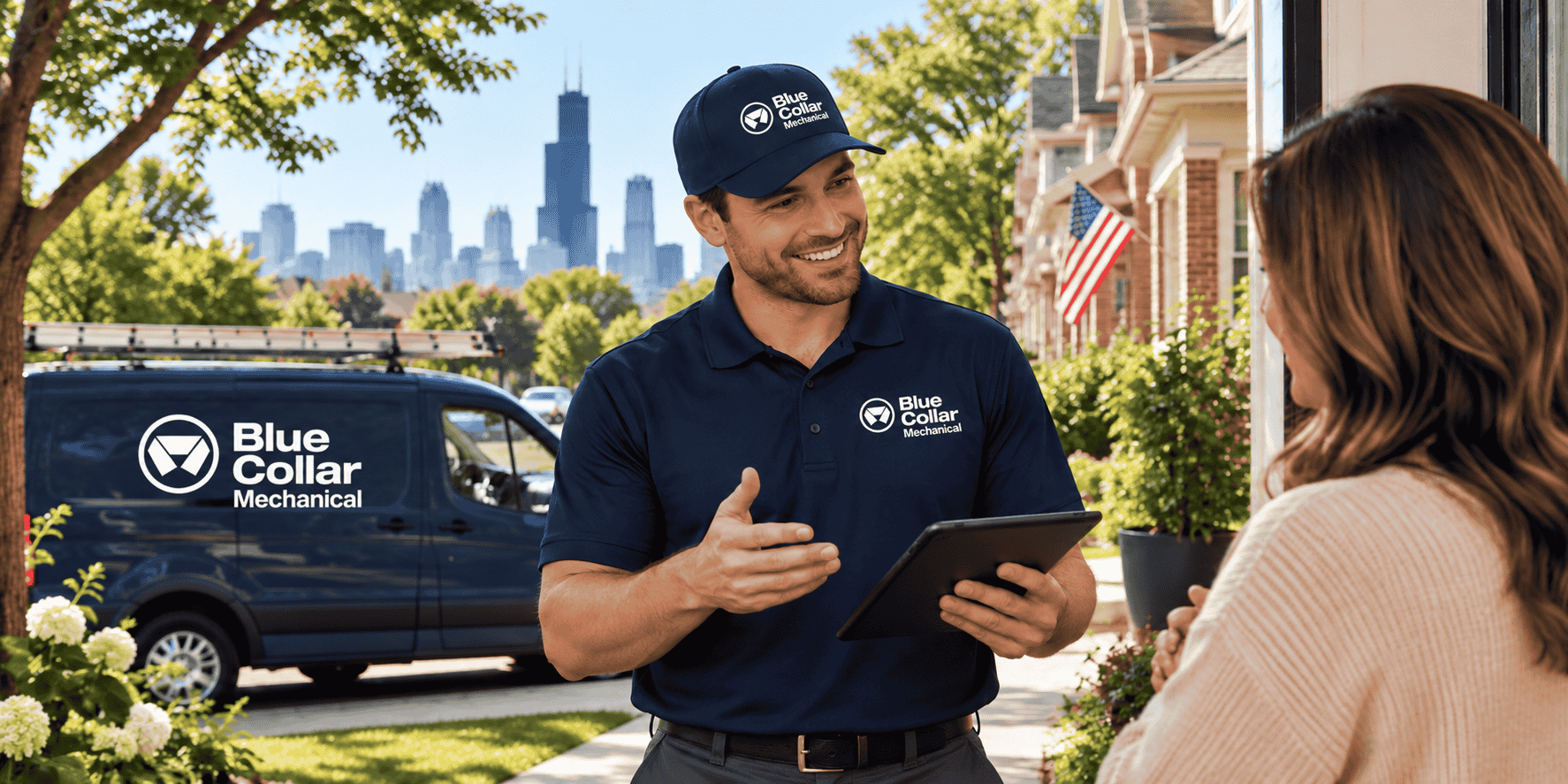 Blue Collar Mechanical Chicagoland HVAC company technician speaking with a local homeowner